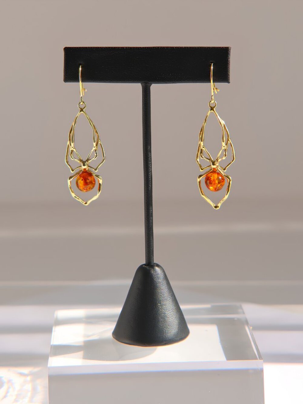 Baltic Amber Spider Earrings in 14k Gold Plated Sterling Silver